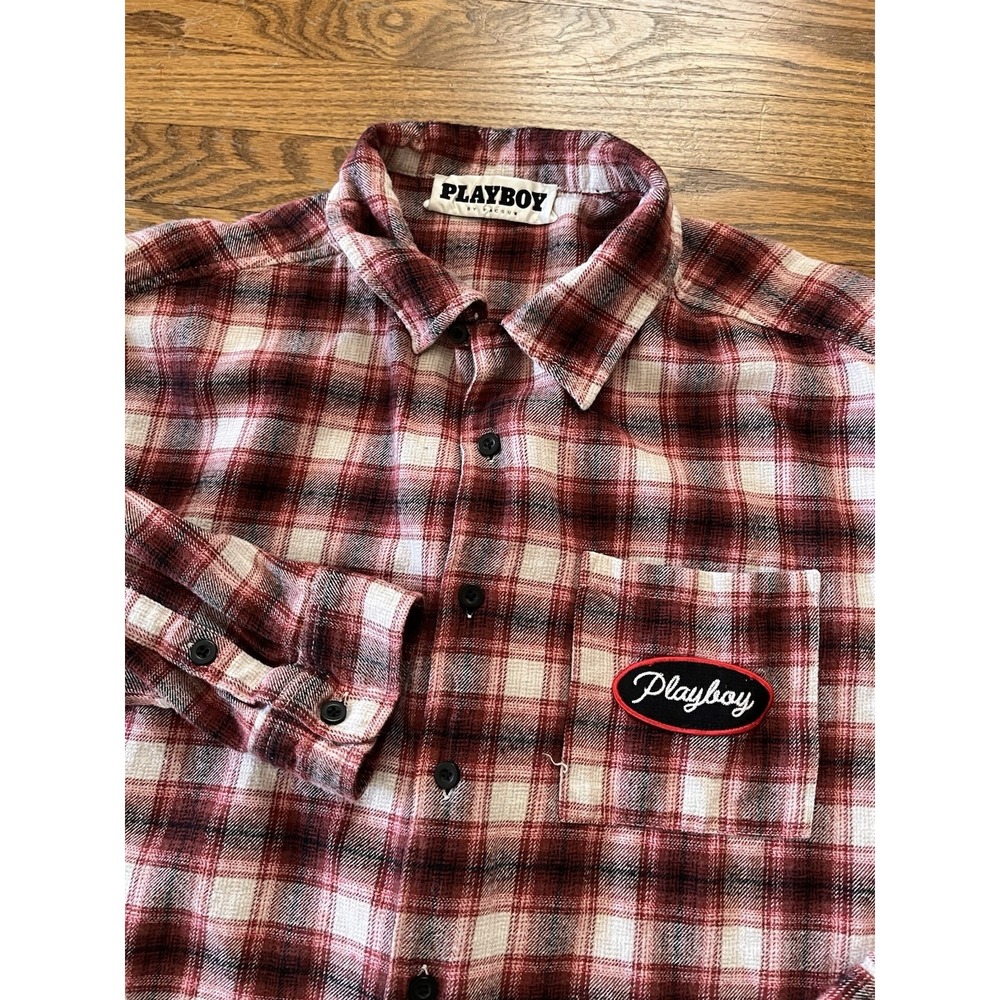 Playboy By PacSun Red & White Plaid Long-Sleeve Shirt Men's Size Large